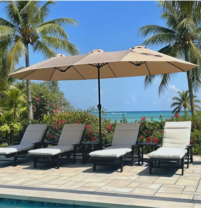 phi villa 15ft large patio umbrellas with base included, outdoor double-sided rectangle big market umbrella with stand, outside umbrellas for poolside lawn backyard, beige