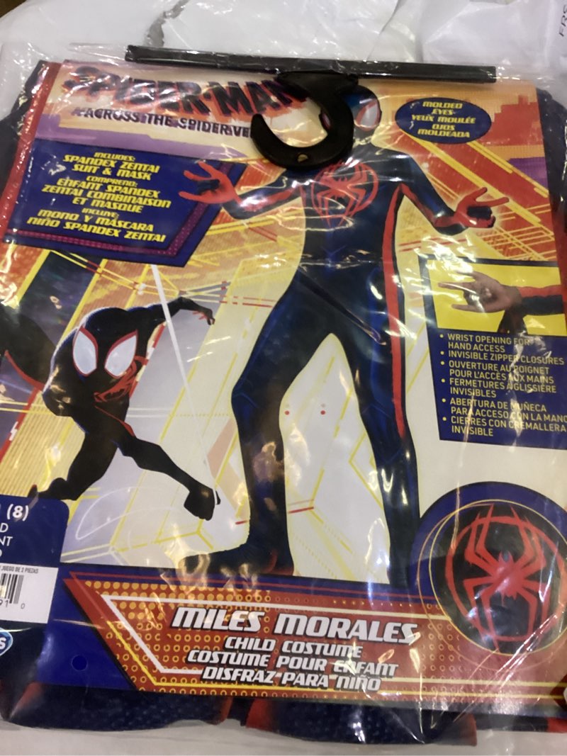 Condition photo showing Good Condition for Marvel Miles Morales: Spider-Man Official Youth Deluxe Zentai Costume - Stretch Spandex with Hidden Zippers and Wrist Slits M (8-10)