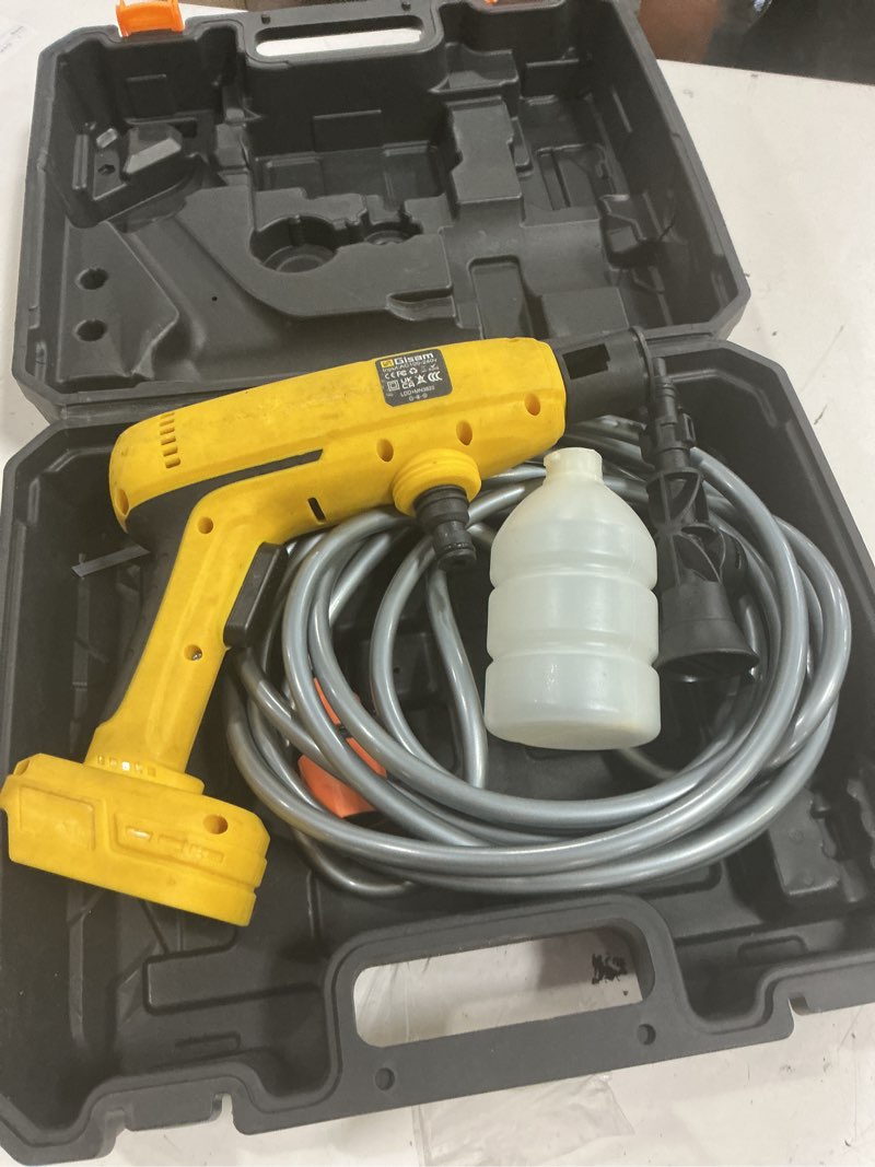 Condition photo showing As Is for cordless pressure washer with faucet & garden hose connector, 5.0ah battery, 2000psi max portable pressure washer with brushless motor, 4 speed adjustment lcd touch screen, 6-in-1 nozzle 1 x 5.0ah battery yellow/dark gray
