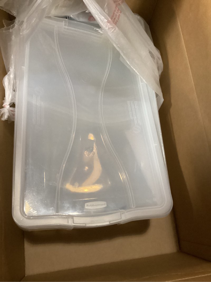 Condition photo showing Good Condition for Rubbermaid Cleverstore 42 Quart Stackable Plastic Storage Bin with Lids for Garage, Closet, and Classroom, Clear, 4 Pack 42 Qt - 4 Pack