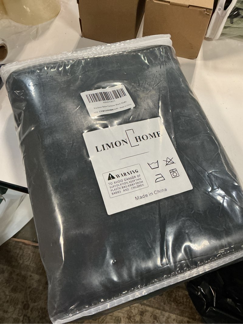 Condition photo showing New/Like New for limon home black blackout curtains 84 inches long for living room bedroom, soundproof window treatment black out drapes for hall room, set of 2 panels black 52"w x 84"l (pack of 2)
