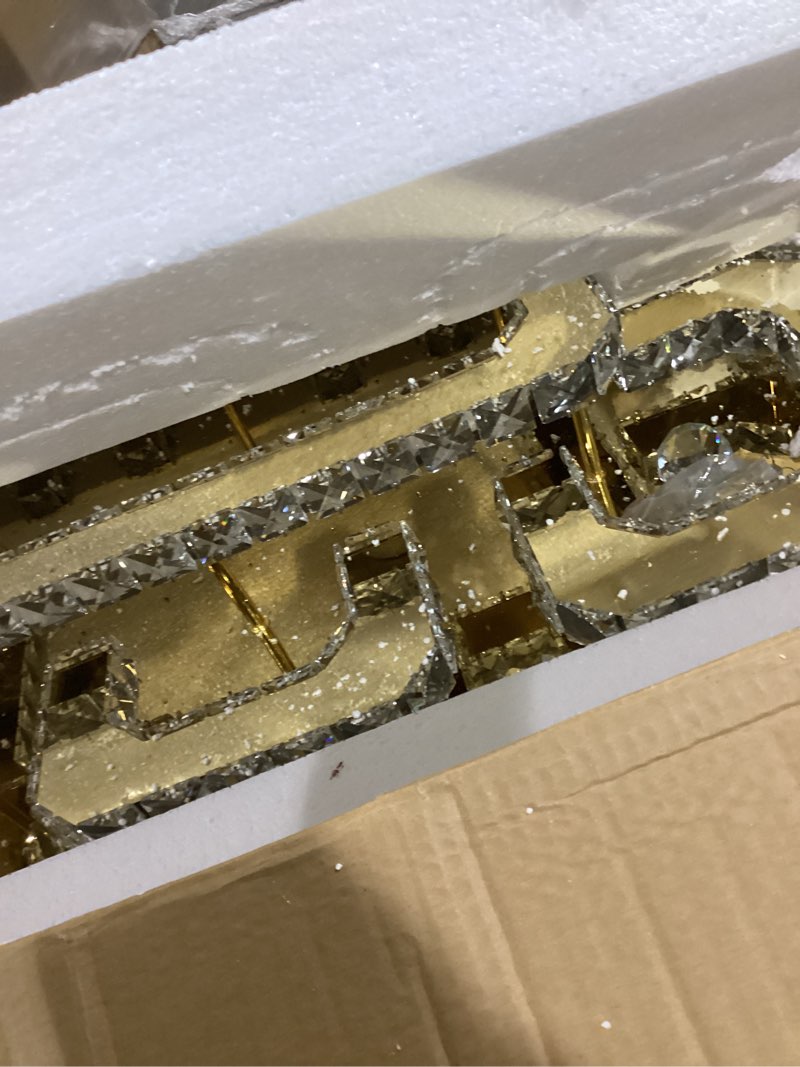 KINGTORO Gold 32" Crystal Chandelier Ceiling Light Fixture with Remote, Rectangular Flush Mount Ceil