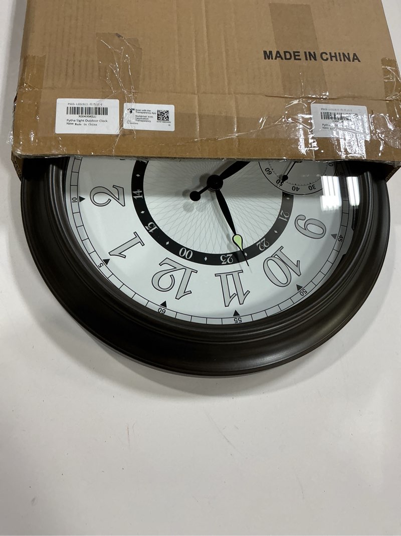 Condition photo showing Good Condition for Illuminated Large Metal Outdoor Clocks Waterproof 18 Inches With AI Auto Light Smart Sensor,Extra Big Indoor Outdoor Wall Clocks With Thermometer & Hygrometer for Patio, Pool, Garden,Porch