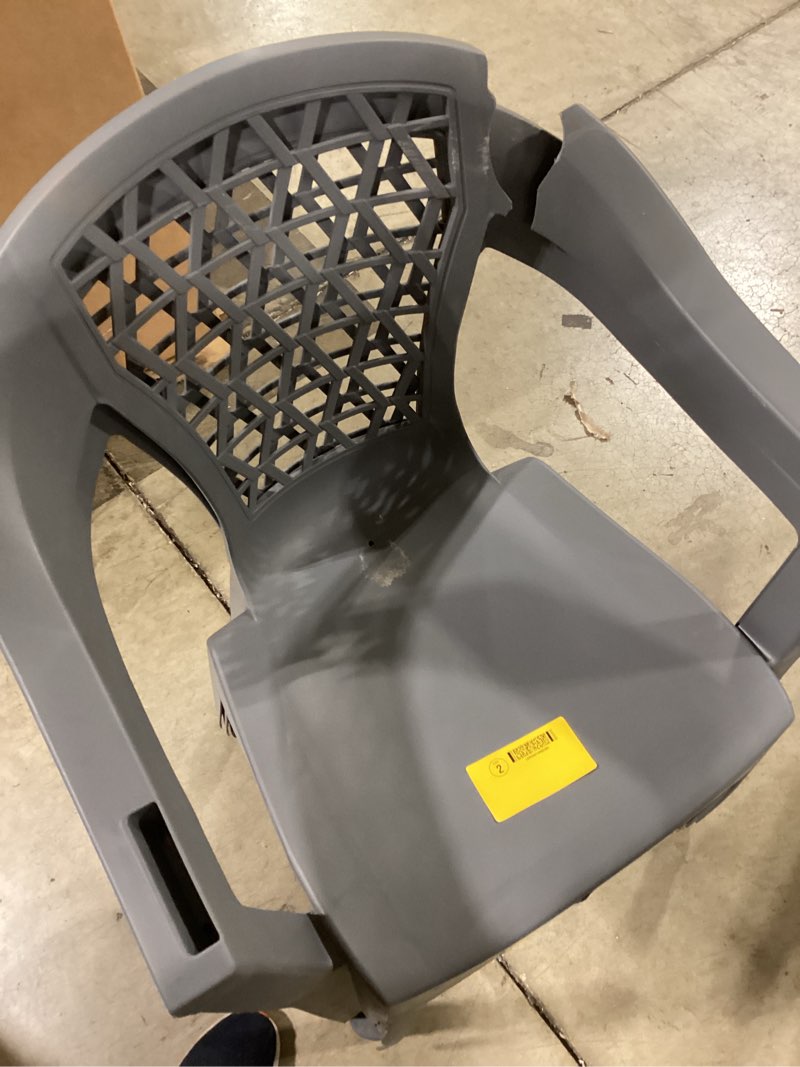 Condition photo showing As Is for adams patio stackable charcoal resin frame stationary conversation chair with solid seat