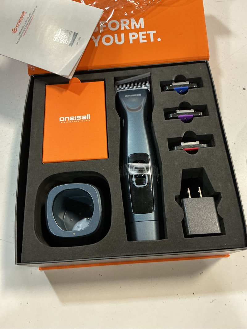 Condition photo showing Good Condition for oneisall cordless professional dog grooming clippers, 2-speed dog clippers for grooming heavy duty/thick hair, detachable carbonized steel blade metal combs, removable battery(blue)