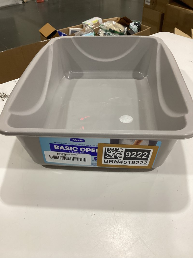 Condition photo showing As Is for petmate basic open cat litter pan, multidirectional easy to clean plastic litter box, gray, made in usa, 14.5" x 10.5" x 3.5", small recommended for kittens and small cats blue mesa/ mouse gray small