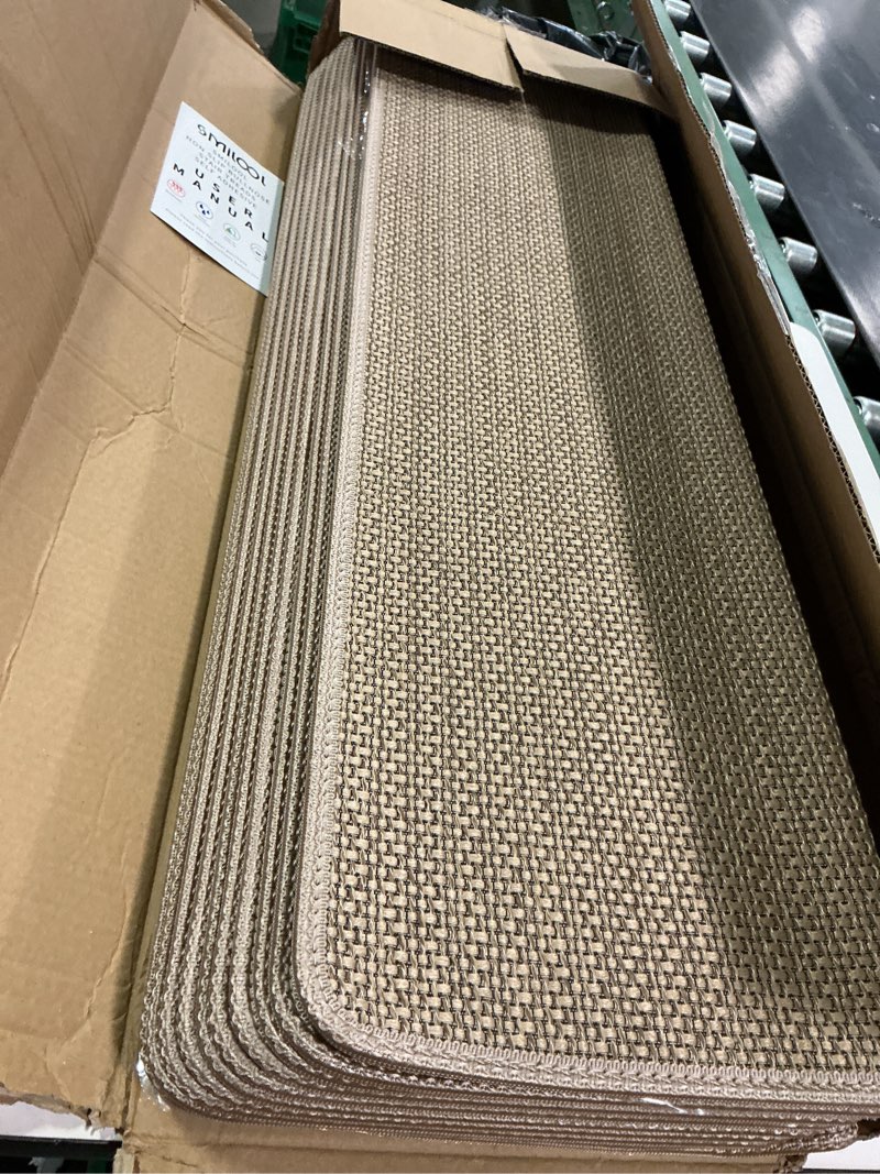 Condition photo showing New/Like New for Bullnose Carpet Stair Treads Non Slip for Wooden Steps Indoor, 9.5" x 35" 14 Pieces, Extra Wide Bull Nose Carpet Runners for Wood Stairs, Step Covers, Stair Tread Rugs, Washable, Beige 35" L x 9.5" W x 1.2" H Beige 14