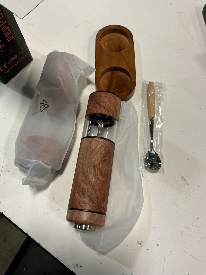 Condition photo showing Good Condition for Electric Salt and Pepper Grinder Set, Automatic Salt and Pepper Grinder Set with Wood Base, Adjustable Coarseness, LED Light, One Handed Operation Electric Salt and Pepper Shakers(Wood Grain) Wood Grain 2 Pack