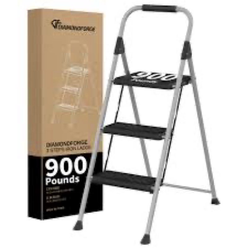 3 step ladder, diamondforge folding step stool with wide anti-slip pedal, anti-slip feet and handgri