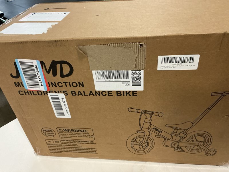 Condition photo showing New/Like New for jmmd 6 in 1 toddler bike with push handle for kids 18-60 months, 12" foldable balance bike with training wheels, pedals, brakes, kickstand, push tricycle toddler gift & toys for boy & girl black large