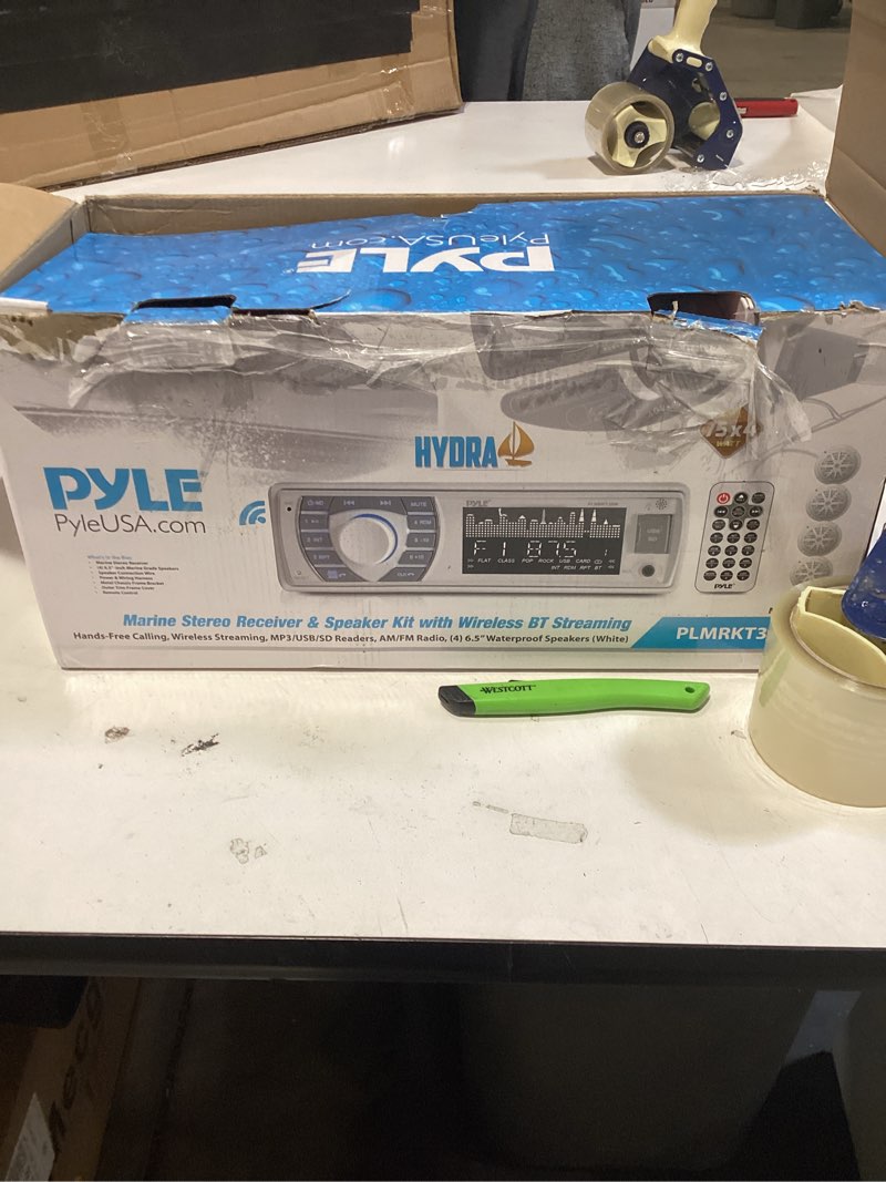 Condition photo showing New/Like New for Pyle Marine Radio Receiver Speaker Set 12v Single Din Style Bluetooth Compatible Waterproof Digital Boat In Dash Console System with Mic 4 Speakers, Remote Control, Wiring Harness PLMRKT38W (White)