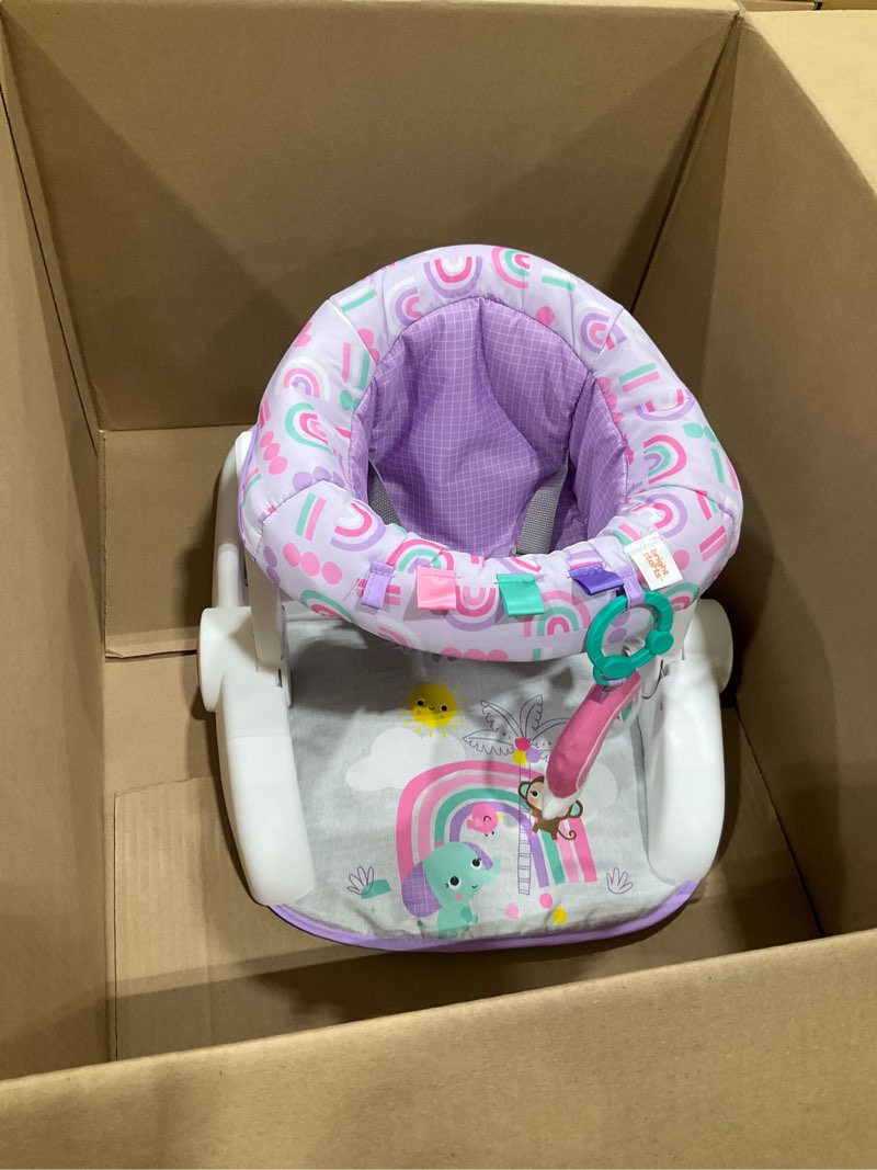 Condition photo showing As Is for incomplete, missing toy, bright starts learn-to-sit 2-position baby floor seat with toys, unisex, 4-12 months, purple paradise