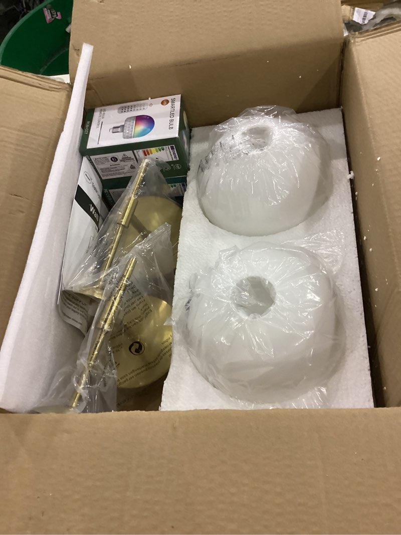 Condition photo showing New/Like New for Battery Operated Wall Sconces Set of 2, Rechargeable Wireless Wall Lights with Frosted Glass Shade, 12 RGB and 3CCT Dimmable, Wall Lamps with Remote for Bedroom Living Room Hallway, Gold