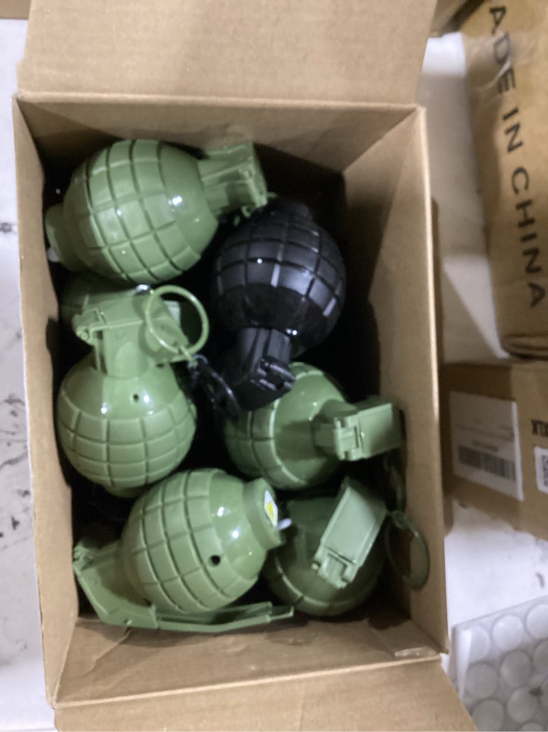 Condition photo showing As Is for sratte 12 pcs toy hand grenades with realistic sound effects and flashing light, plastic fake grenades military for army role play prop (green,black) green, black 12