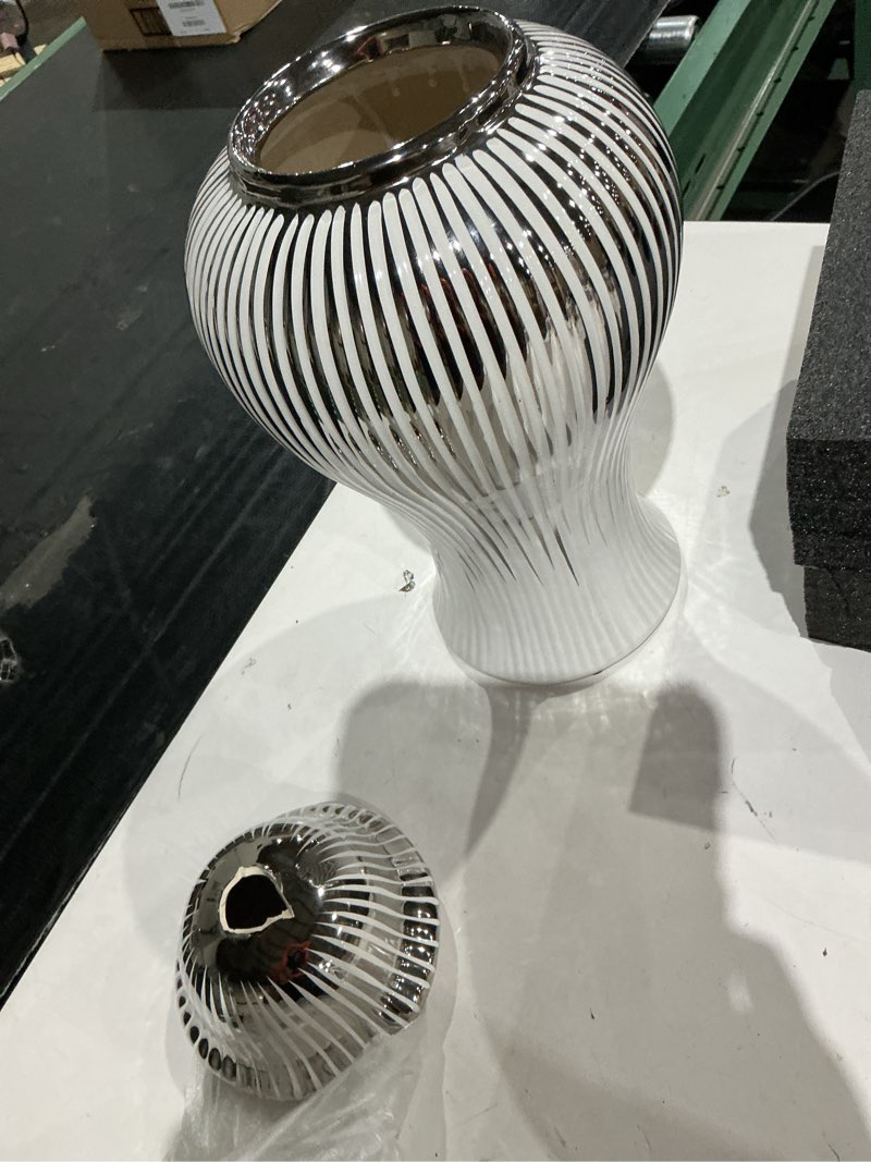 Condition photo showing As Is for similarly ))generic ginger jars for home decor - white gold decorative ginger jar vase - white ginger jars for decorations - gold vases for decor - decorative vase with