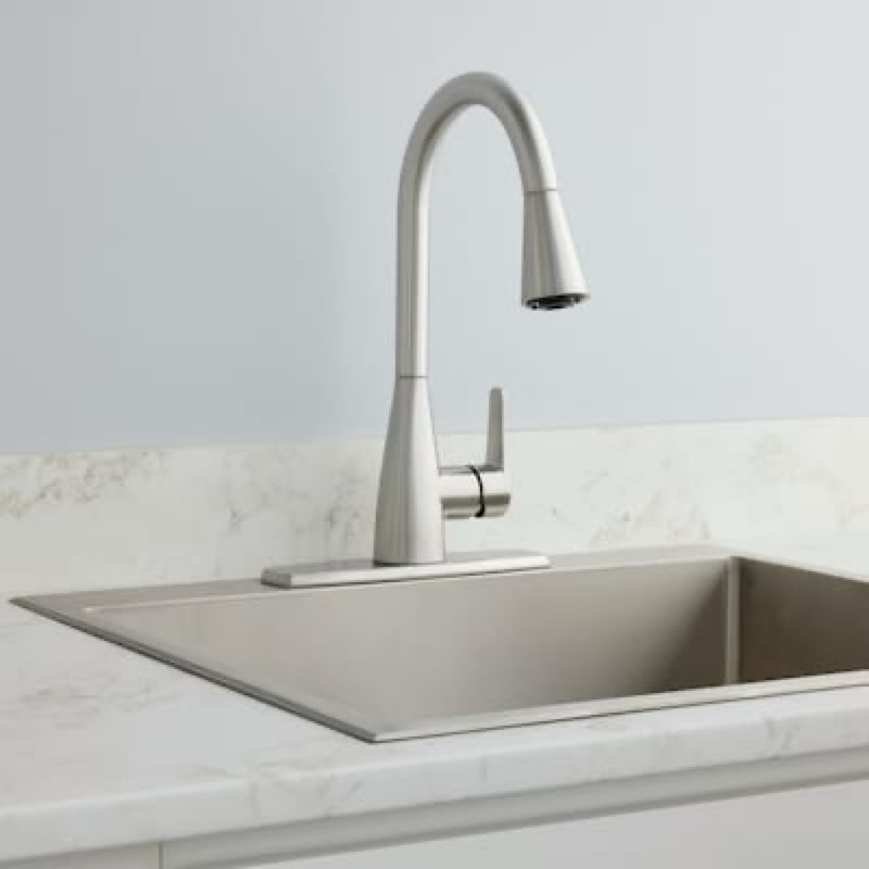project source ellesburg stainless steel single handle deck-mount pull-down kitchen faucet with sprayer (includes deck plate)