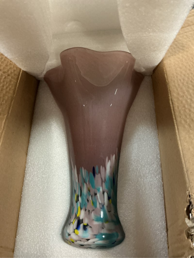Condition photo showing Good Condition for 9.0" h blush glass vases for flowers, unique hand blown glass vase blush home decor, wide mouth colorful flower vase centerpieces, for living room table bookshelf, bathroom office shelf decorative