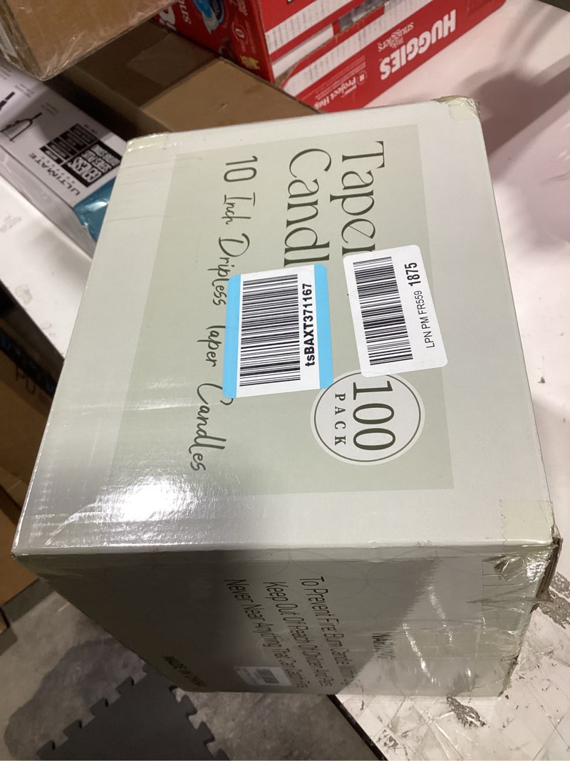 Condition photo showing Good Condition for 100pack ivory taper candles, 7-8 hours burn time, unscented, smokeless and dripless, 0.75 x 10 inch dinner candle set for household, wedding, party and home décor candlesticks ivory-100