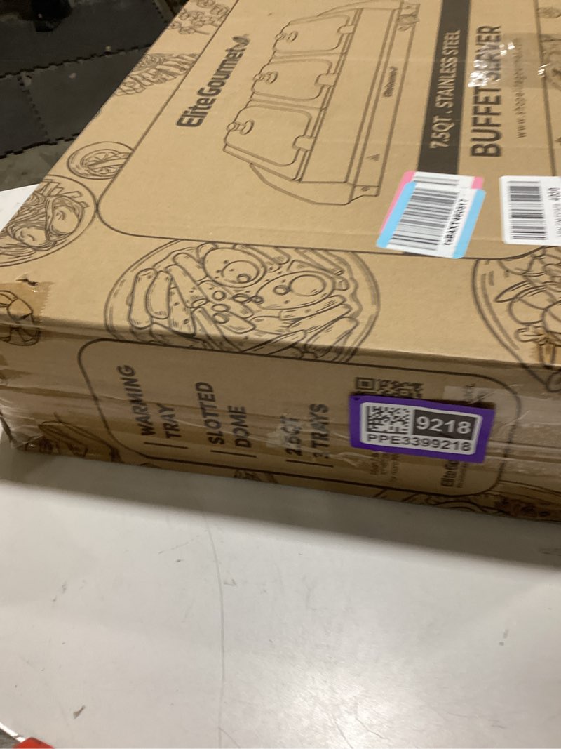 Condition photo showing New/Like New for Elite Gourmet EWM-6171 Triple 3 x 2.5 Qt. Trays, Buffet Server, Food Warmer Temperature Control, Clear Slotted Lids, Perfect for Parties, Entertaining & Holidays, 7.5 Qt Total, Stainless Steel 7.5 Quart