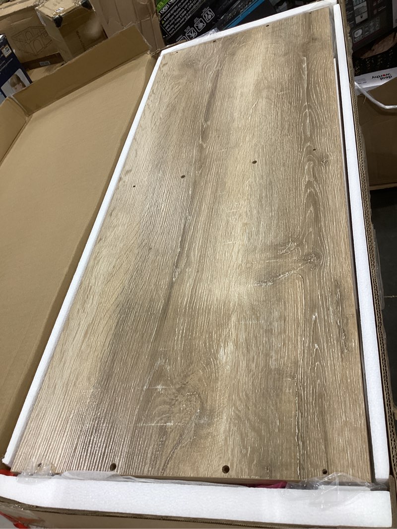 Condition photo showing As Is for jamestown media table, rectangular, coastal oak, holds 60in televisions,15.75 in. h x 39.37 in. w x 15.75 in. d