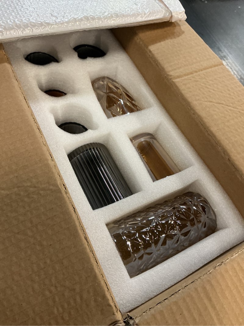 Condition photo showing Good Condition for rustic wooden tray with 8 brown glass votive candle holders, decorative tea light holder set for mantel, centerpiece, dining table centerpiece set, and home decor(set of 8 pieces)
