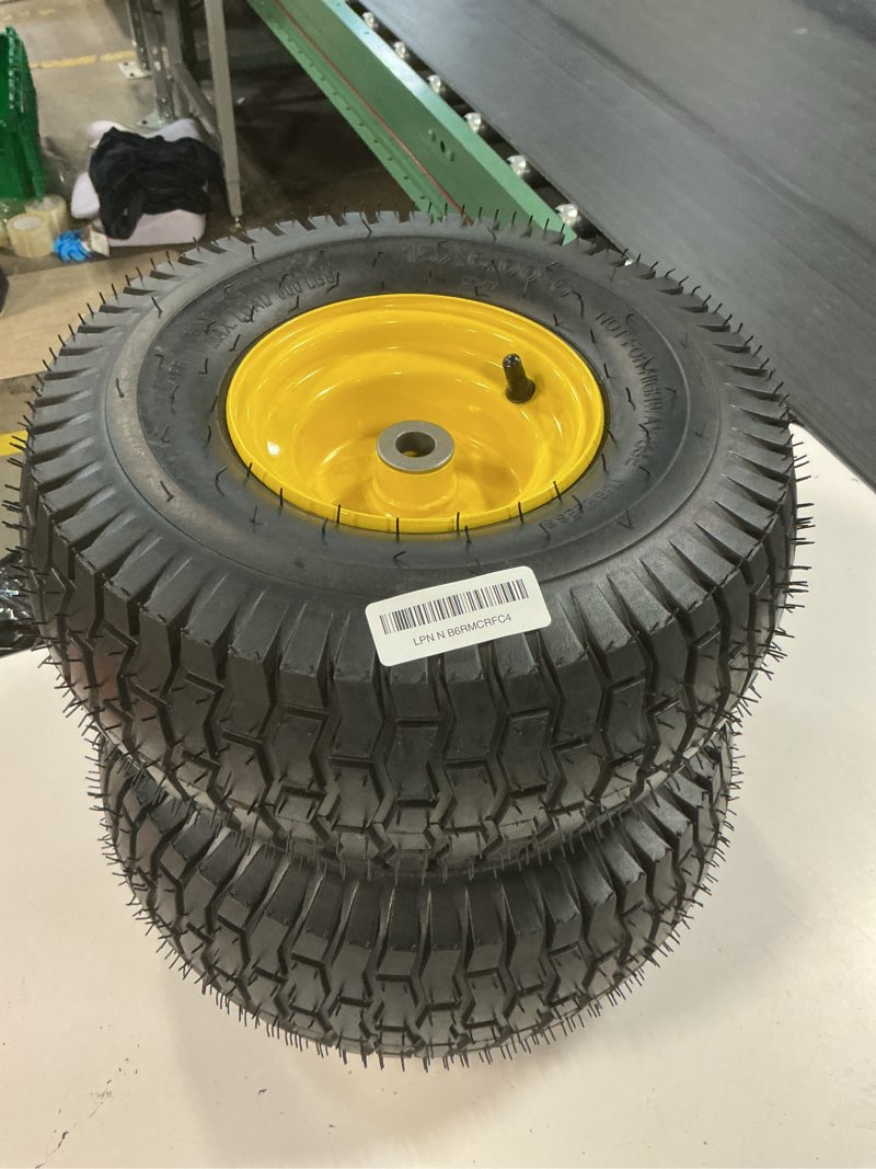 Condition photo showing New/Like New for ar-pro (2 pack) 15 x 6.00-6" tubeless tire and wheel assembly, replacement riding lawn mower front tires, compatible with john deere riding mowers and lawn tractor, 3" centered hub and 3/4" bushings 15 x 6.00-6" tubeless (centered hub) yellow