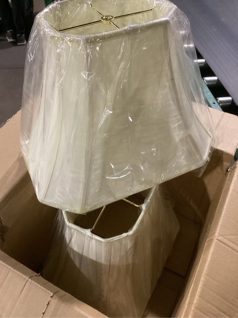 Condition photo showing Good Condition for similar  to photo rectangle lamp shades set of 2, 10.5\" x 10\"x 13\" medium cut corner beige lampshades natural linen hand crafted, include 2 pack lamp harps, suitable for e26 base and saddle base, easy assembly required