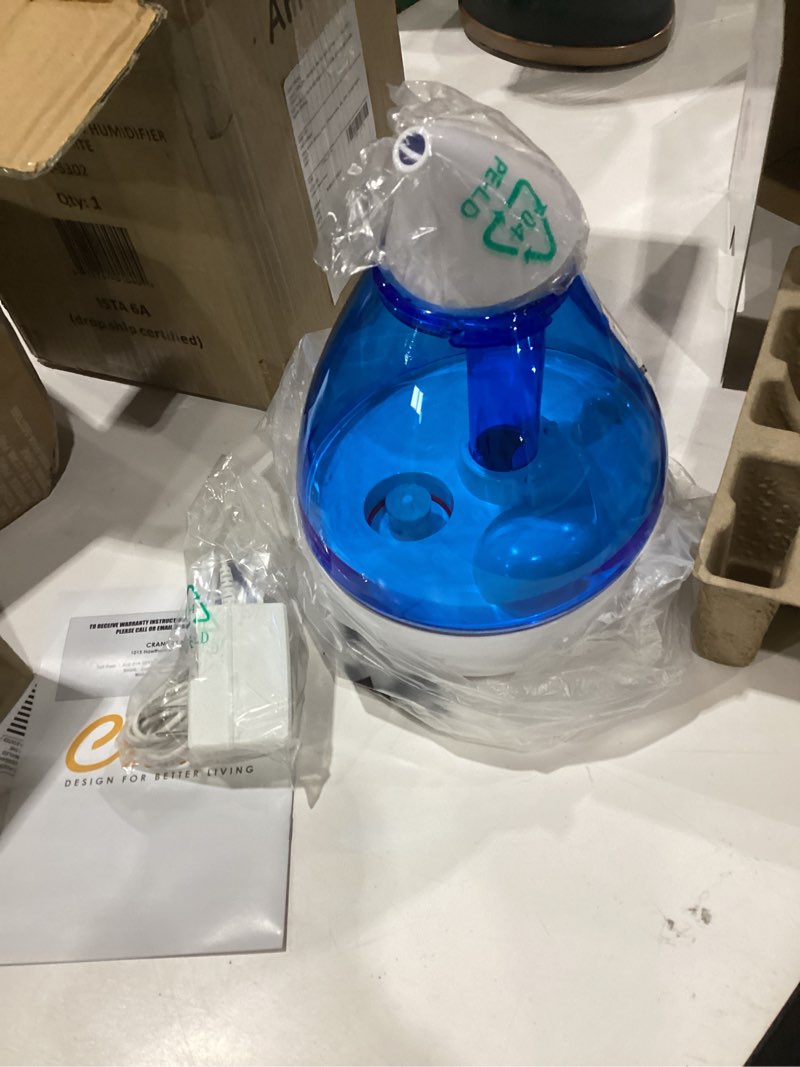 Condition photo showing As Is for crane droplet ultrasonic small air humidifiers for bedroom and office, 0.5 gallon cool mist humidifier for plants and home, humidifier filters optional, blue and white blue & white air humidifiers, not tested, cracked