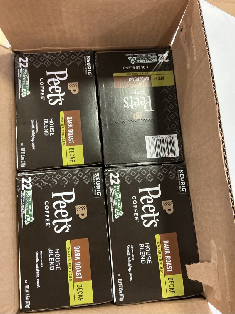 Condition photo showing New/Like New for (BB:12.08.2025)Peet's Coffee, Dark Roast Decaf Keurig K-Cup Pods - Decaf House Blend 88 Count (4 Boxes of 22 K-Cup Pods) Decaf House Blend 22 Count (Pack of 4)