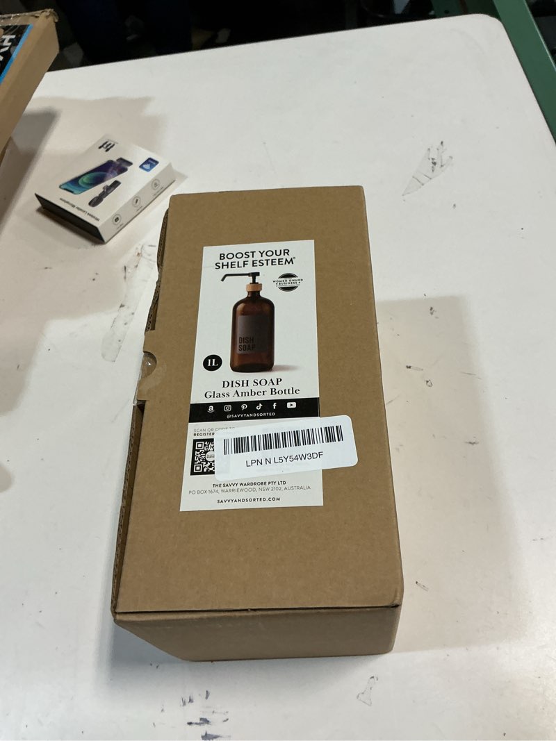 Condition photo showing New/Like New for SAVVY & SORTED Amber Glass Dish Soap Dispenser for Kitchen Sink 1 Liter, Large Kitchen Soap Dispenser Set with Permanent Label, Refillable Glass Bottle for Dish Washing Liquid, 34 Fl Oz Amber - Dish Soap 1 Ltr