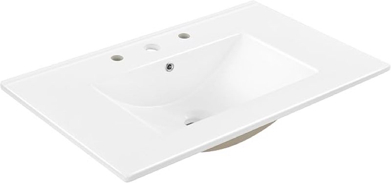 JONATHAN Y SNK1002A Ancillary 3-Hole 30 in. W x 18.25 in. D Classic Contemporary Rectangular Ceramic Single Sink Basin Vanity Top, White