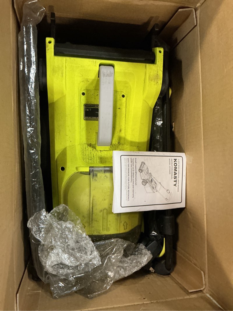 Condition photo showing As Is for 40v electric lawn mower 15" cordless battery powered mower, 2 in 1 mulching lawnmower with 5-position height adjustment 10.6 gallon bag, small push lawn trimmer, 2x4.0ah battery and 2 chargers lime green