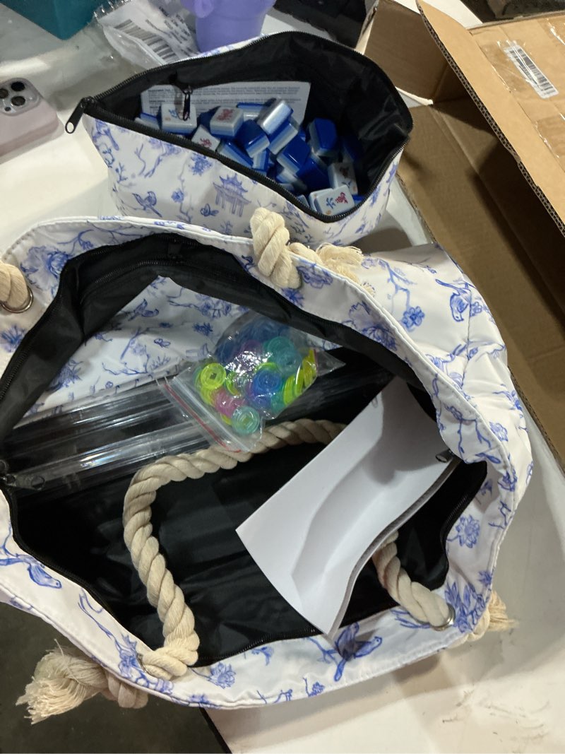 Condition photo showing As Is for tiasusan 4 layer engraved american mahjong tile set, 166 acrylic mahjong tiles with white bags, racks and pushers, accessories blue(with racks)