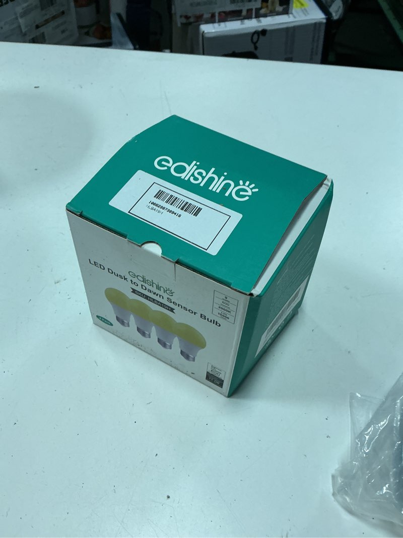 Condition photo showing New/Like New for edishine dusk to dawn bug light bulbs outdoor, 2000k amber glow outdoor led light bulb, automatic on/off, yellow light bulb, 600lm, 9w(60w equivalent), e26 base, 4 pack, ul listed