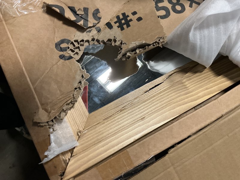 Condition photo showing As Is for Similar brown Full Length Mirror 58\"x22\" Solid Wood Frame Floor Large Mirror for Living Room, Bedroom Hanging or Leaning Wall-Mounted, 58\"L x 22\"W