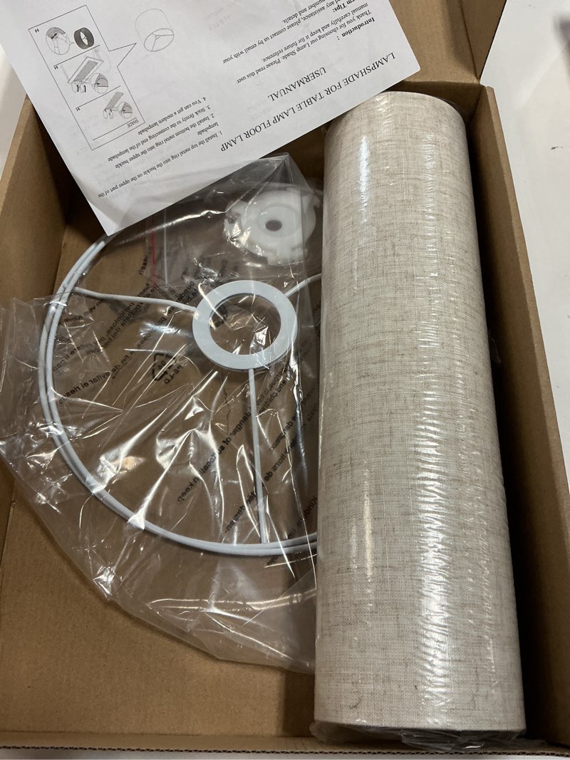 Condition photo showing New/Like New for beige linen tall drum lampshade, 10" top x 10" bottom x 13" high lamp shade, lamp shade replacement for table and floor lamps, pendant light, handcrafted lampshade, easy assembly