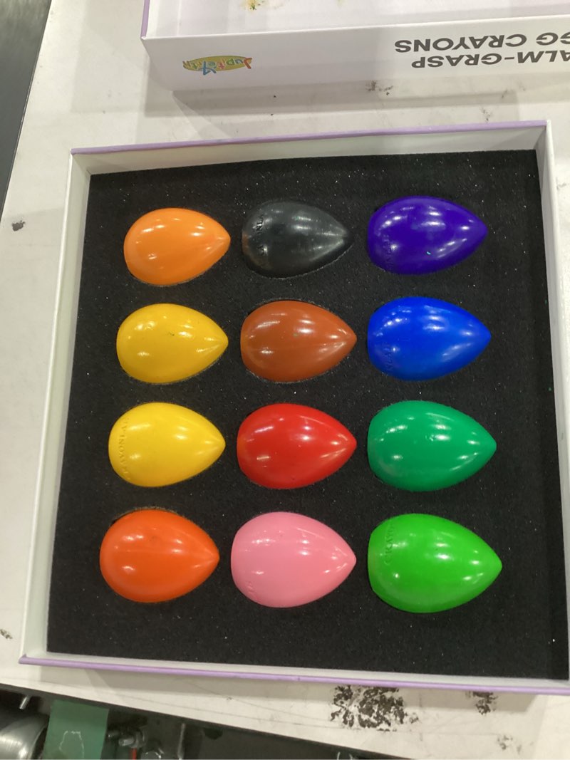 Condition photo showing New/Like New for jupitearth 12 colors egg crayons for toddlers 1-3, palm-grasp non toxic jumbo washable crayons for kids, fat brain toys for preschool art supplies and perfect easter gifts for boys and girls