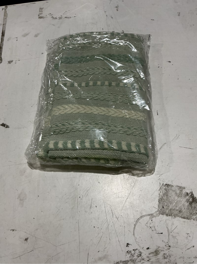 Condition photo showing New/Like New for artoid mode sage green farmhouse stripe braided table runner 12x108 inch | holiday rustic kitchen dining dresser coffee table decoration for home party decor, spring macrame cotton blend 12" x 108", table runner sage green