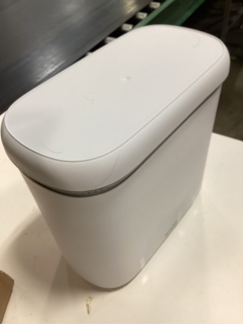 Condition photo showing As Is for mopall dog proof trash can with lid, 3.3 gallon slim bathroom garbage bin with inner bucket, fits standard 4 gallon bags, odor sealing diaper pail for nursery, modern white waste basket, 6.9" wide