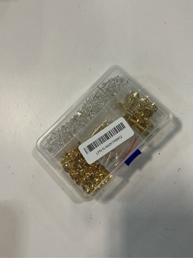 Condition photo showing New/Like New for 310 Pcs Gold Push Pins Set Thumb Tacks Decorative Push Pins for Cork Board with Push Pin Hook Pushpin Clip 5 Style Office Accessories for Cork Board Map Office (Gold)
