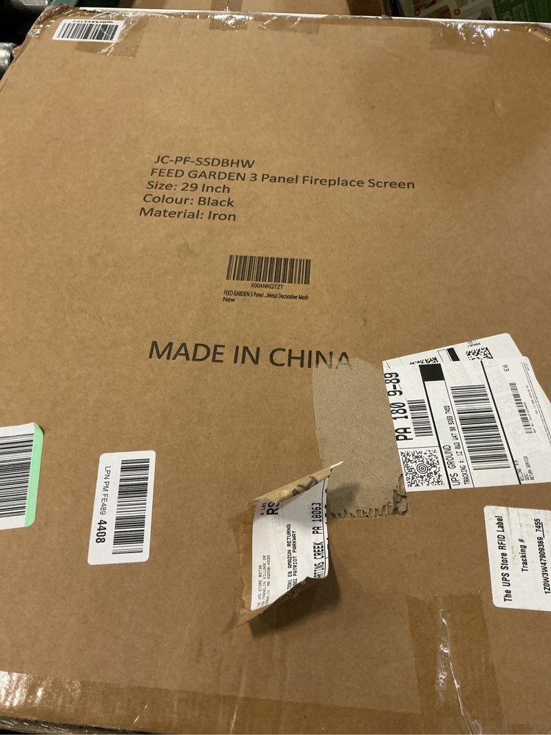 Condition photo showing Good Condition for FEED GARDEN 3 Panel Fireplace Screen Wrought Iron 48" W x 29" H Foldable Heavy Duty Fire Spark Guard Cover with Metal Decorative Mesh for Living Room, Home Decor Indoor, Black