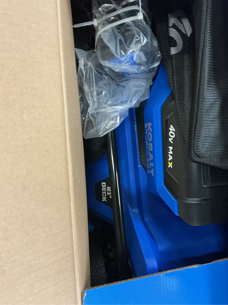 Condition photo showing As Is for kobalt 40-volt 21-in brushless battery push lawn mower 6 ah (battery and charger included)