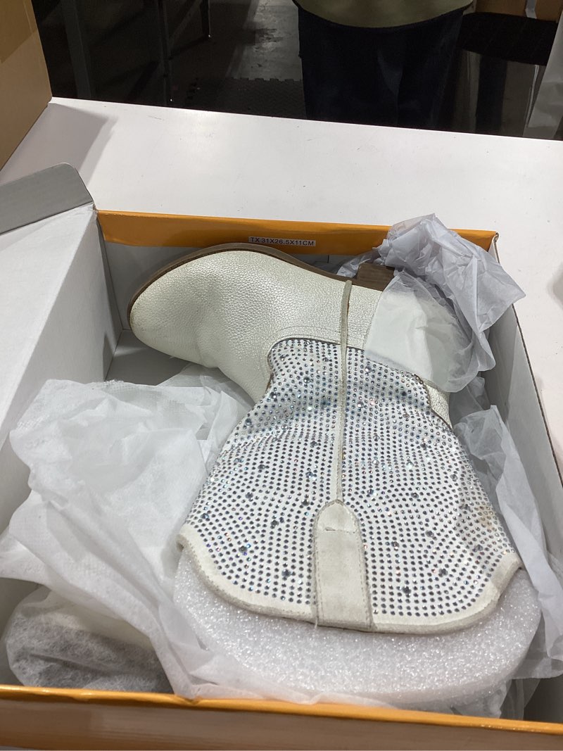 Condition photo showing As Is for rhinestone sparkly girls cowgirl cowboy boots little kids dress boot pointed toes low heel mid calf zipper party birthday toddler to big kid 4 big kid white