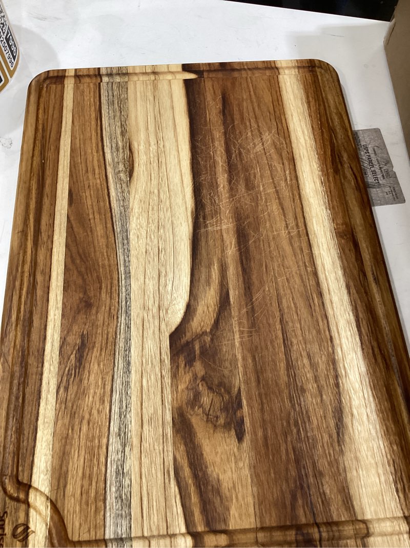 Condition photo showing As Is for Extra Large Teak Wood Cutting Board 20inch for Kitchen Non Slip Feet Over Sink Butcher Block Chopping Board Nice Solid Thick Wooden Juice Groove Big Xl XXl large Best Hardwood Kitchen Counter Organic 20"L x 14"W