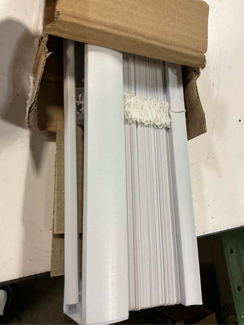 Condition photo showing As Is for lotus & windoware cordless, 1" vinyl mini blind 21" wide x 64" long, white (mlx2164wh) 21"w x 64"h white