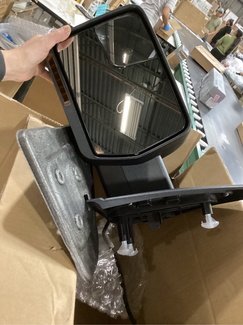 Condition photo showing Good Condition for driver side tow mirror compatible with 2004-2014 ford f150, side mirror with power heated turn signal puddle light manual folding, reflective strip, left black driver side only