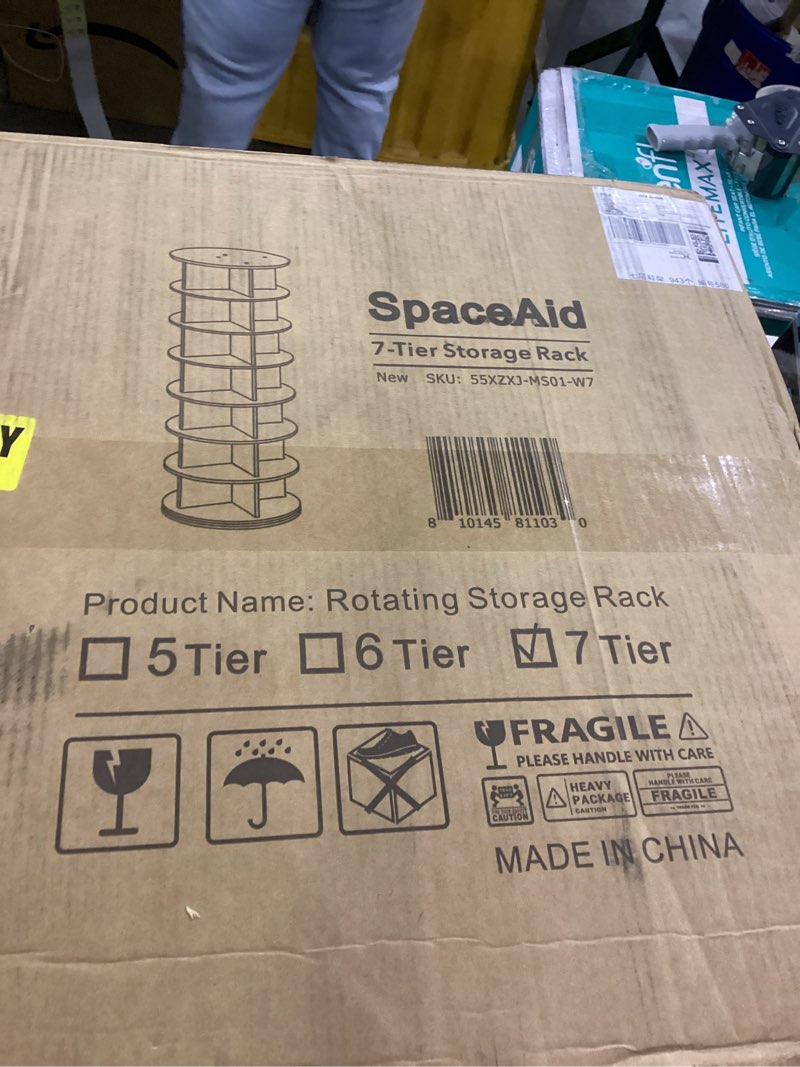 Condition photo showing New/Like New for SpaceAid 7 Tier Rotating Shoe Rack Tower, Spinning Shoe Display Lazy Susan, Revolving 360 Shoe Rack Storage Round Carousel, Vertical Handbag Rotate Shoes Closet Organization (7-Tier White) 7 Tier (23.2"W x 63"H) White