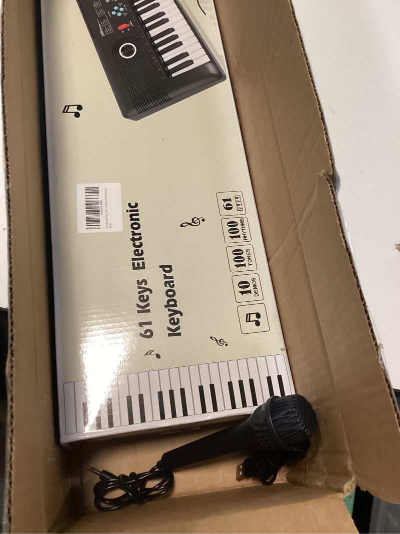Condition photo showing As Is for 61 key keyboard piano, portable electronic digital piano, built in dual speakers, external microphone, power plug, rich teaching content, multi-functional electronic piano suitable for beginners