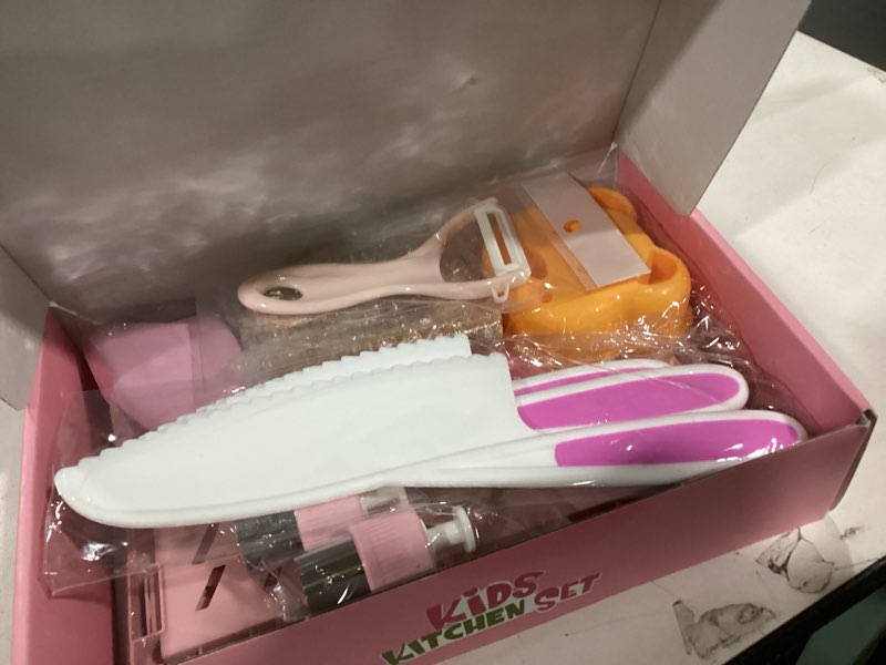 Condition photo showing Good Condition for 28pcs toddler knife set - kids knifes for real cooking, wooden kids kitchen knife set with gloves cutting board crinkle cutters kid safe knives, toddlers kitchen tools (crocodile 16pcs set)