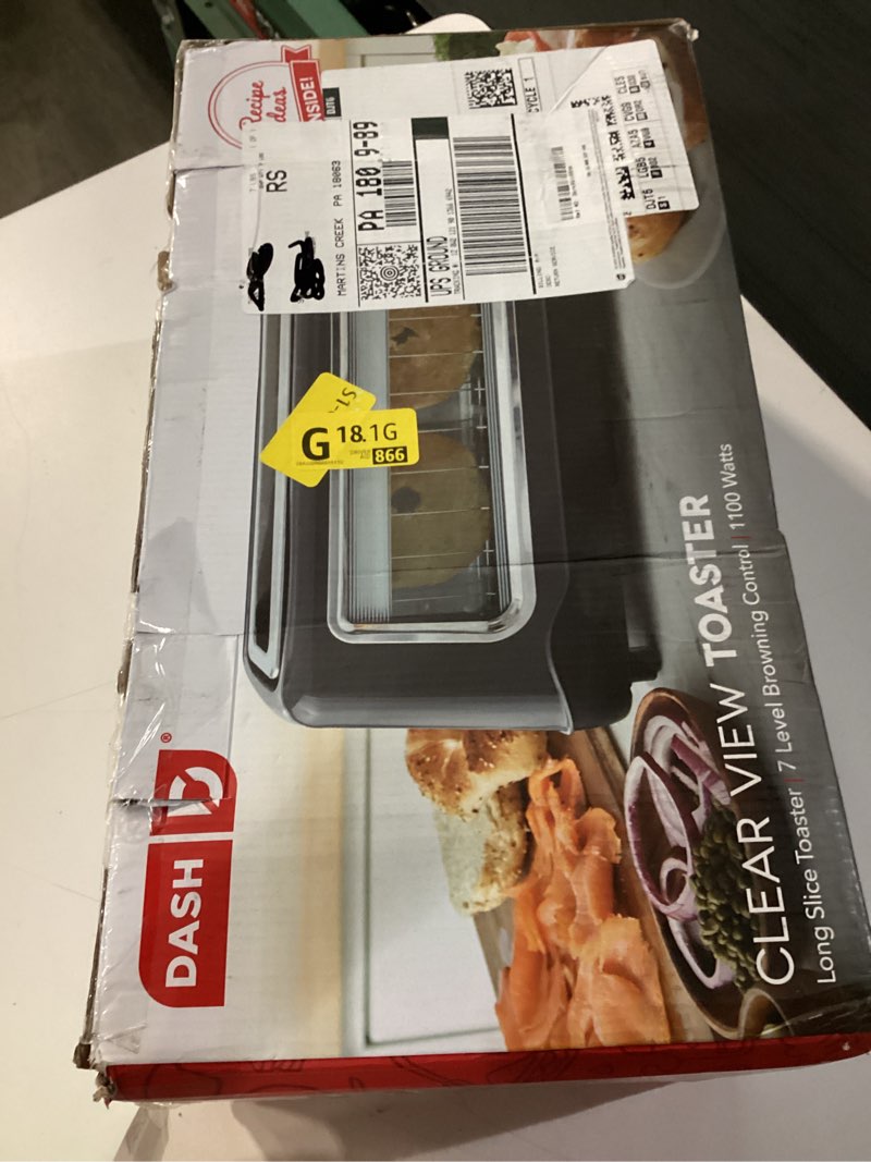 Condition photo showing New/Like New for dash clear view toaster: extra wide slot toaster with see through window - defrost, reheat + auto shut off feature for bagels, specialty breads & other baked goods - grey gray